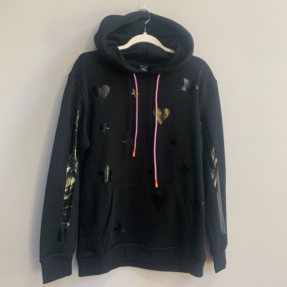 Style Reform Tops - Style Reform Glossy Hearts & Stars Hoodie Women's L Black Pullover Graphic Cozy